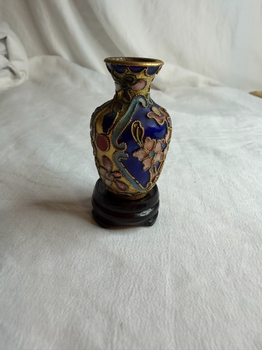 Vintage Mini Cobalt Blue Cloisonné Vase with Wood Stand - 2" Floral Enamel